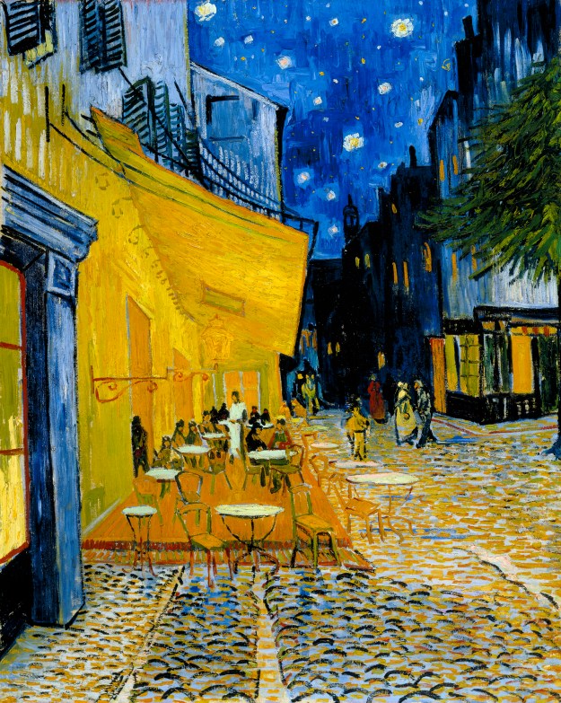 Terrace of a Café at Night (Place du Forum) © Stichting Kröller-Müller Museum, Otterlo, The Netherlands Arles, France, circa September 16, 1888. Oil on canvas, 80.7 x 65.3 cm. “On the terrace, there are little figures of people drinking. A huge yellow lantern lights the terrace, the façade, the pavement, and even projects light over the cobblestones of the street, which takes on a violet-pink tinge. The gables of the houses on a street that leads away under the blue sky studded with stars are dark blue or violet, with a green tree. Now there’s a painting of night without black. With nothing but beautiful blue, violet and green, and in these surroundings the lighted square is coloured pale sulphur, lemon green.” From Van Gogh’s September 1888 letter to his sister Willemien 